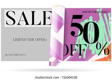 Sale advertisement banner on hand drawn background with curled peel out paper. Sale trendy poster with gold splashes and black frame. Rough colorful doodle fun special offer banner template.