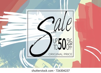 Sale advertisement banner on hand drawn background with rough sale lettering. Sale trendy poster with gold splashes and black frame. Rough colorful doodle fun special offer banner template.