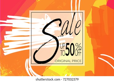 Sale advertisement banner on hand drawn background with shiny silk ribbon Rough colorful doodle fun special offer banner template.