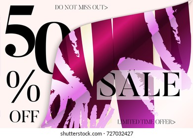 Sale advertisement banner on hand drawn background with shiny silk ribbon Rough colorful doodle fun special offer banner template.