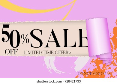 Sale advertisement banner on hand drawn background with torn paper and shiny curl. Sale trendy poster with gold splashes and black frame. Rough colorful doodle fun special offer banner template.