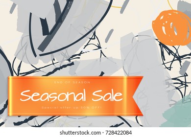 Sale advertisement banner on hand drawn background with shiny silk ribbon. Sale trendy poster with gold splashes and black frame. Rough colorful doodle fun special offer banner template.