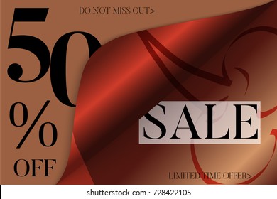 Sale advertisement banner on hand drawn background with curled peel out corner. Sale trendy poster with gold splashes and black frame. Rough colorful doodle fun special offer banner template.