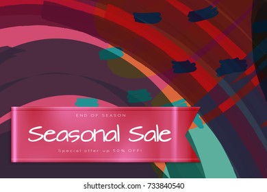 Sale advertisement banner on hand drawn background with shiny silk ribbon. Sale trendy poster with gold splashes and black frame. Rough colorful doodle fun special offer banner template.