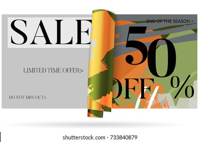 Sale advertisement banner on hand drawn background with curled peel out paper. Sale trendy poster with gold splashes and black frame. Rough colorful doodle fun special offer banner template.