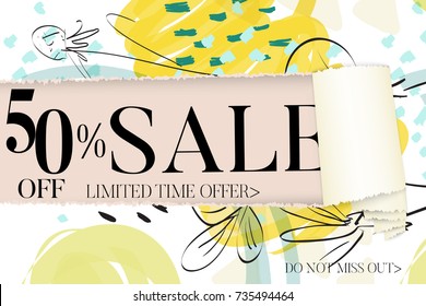 Sale advertisement banner on hand drawn background with torn paper and shiny curl. Sale trendy poster with gold splashes and black frame. Rough colorful doodle fun special offer banner template.