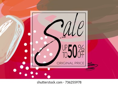Sale advertisement banner on hand drawn background with rough sale lettering. Sale trendy poster with gold splashes and black frame. Rough colorful doodle fun special offer banner template.