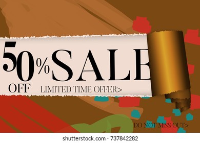 Sale advertisement banner on hand drawn background with torn paper and shiny curl. Sale trendy poster with gold splashes and black frame. Rough colorful doodle fun special offer banner template.
