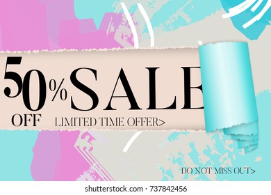 Sale advertisement banner on hand drawn background with torn paper and shiny curl. Sale trendy poster with gold splashes and black frame. Rough colorful doodle fun special offer banner template.