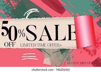Sale advertisement banner on hand drawn background with torn paper and shiny curl. Sale trendy poster with gold splashes and black frame. Rough colorful doodle fun special offer banner template.