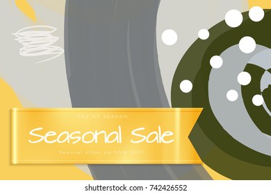 Sale advertisement banner on hand drawn background with shiny silk ribbon. Sale trendy poster with gold splashes and black frame. Rough colorful doodle fun special offer banner template.