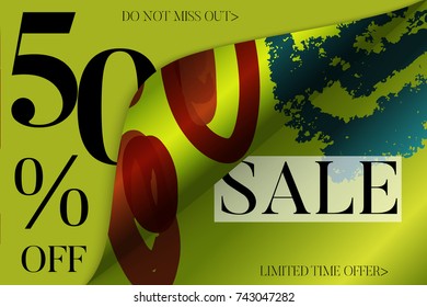 Sale advertisement banner on hand drawn background with curled peel out corner. Sale trendy poster with gold splashes and black frame. Rough colorful doodle fun special offer banner template.