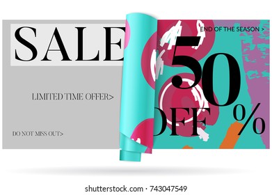 Sale advertisement banner on hand drawn background with curled peel out paper. Sale trendy poster with gold splashes and black frame. Rough colorful doodle fun special offer banner template.