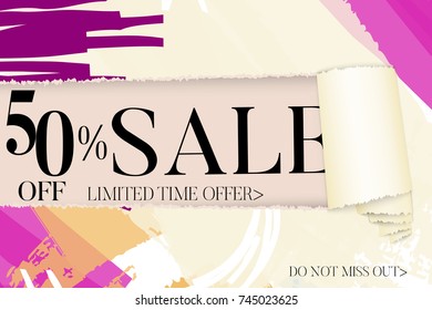 Sale advertisement banner on hand drawn background with torn paper and shiny curl. Sale trendy poster with gold splashes and black frame. Rough colorful doodle fun special offer banner template.