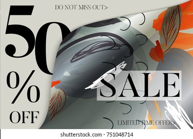 Sale advertisement banner on hand drawn background with curled peel out corner. Sale trendy poster with gold splashes and black frame. Rough colorful doodle fun special offer banner template.