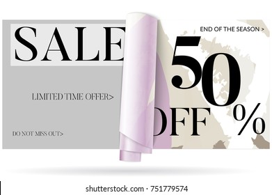 Sale advertisement banner on hand drawn background with curled peel out paper. Sale trendy poster with gold splashes and black frame. Rough colorful doodle fun special offer banner template.
