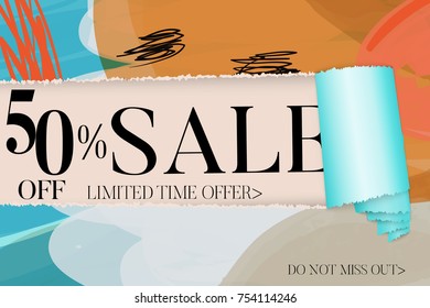 Sale advertisement banner on hand drawn background with torn paper and shiny curl. Sale trendy poster with gold splashes and black frame. Rough colorful doodle fun special offer banner template.