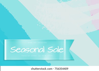 Sale advertisement banner on hand drawn background with shiny silk ribbon. Sale trendy poster with gold splashes and black frame. Rough colorful doodle fun special offer banner template.