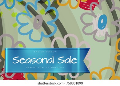 Sale advertisement banner on hand drawn background with shiny silk ribbon. Sale trendy poster with gold splashes and black frame. Rough colorful doodle fun special offer banner template.
