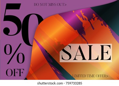 Sale advertisement banner on hand drawn background with curled peel out corner. Sale trendy poster with gold splashes and black frame. Rough colorful doodle fun special offer banner template.