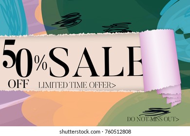 Sale advertisement banner on hand drawn background with torn paper and shiny curl. Sale trendy poster with gold splashes and black frame. Rough colorful doodle fun special offer banner template.