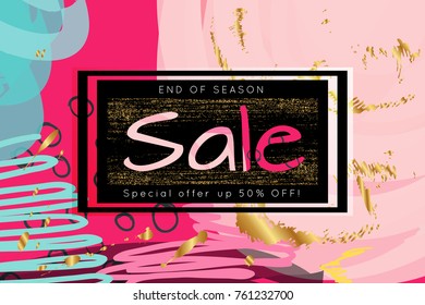 Sale advertisement banner on hand drawn background with rough sale lettering. Sale trendy poster. Rough colorful doodle fun special offer banner template.