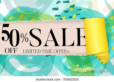 Sale advertisement banner on hand drawn background with torn paper and shiny curl. Sale trendy poster with gold splashes and black frame. Rough colorful doodle fun special offer banner template.