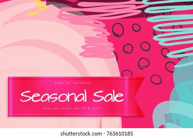 Sale advertisement banner on hand drawn background with shiny silk ribbon. Sale trendy poster with gold splashes and black frame. Rough colorful doodle fun special offer banner template.
