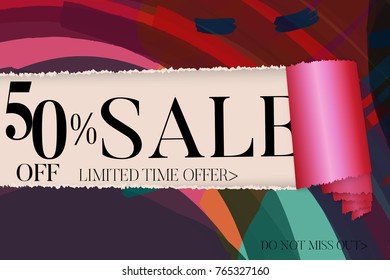 Sale advertisement banner on hand drawn background with torn paper and shiny curl. Sale trendy poster with gold splashes and black frame. Rough colorful doodle fun special offer banner template.