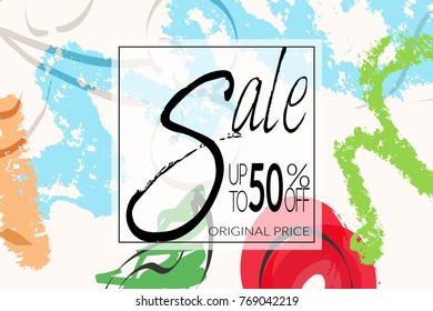 Sale advertisement banner on hand drawn background with rough sale lettering. Sale trendy poster with gold splashes and black frame. Rough colorful doodle fun special offer banner template.