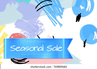 Sale advertisement banner on hand drawn background with shiny silk ribbon. Sale trendy poster with gold splashes and black frame. Rough colorful doodle fun special offer banner template.