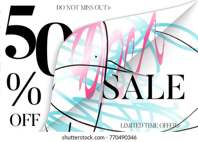 Sale advertisement banner on hand drawn background with curled peel out corner. Sale trendy poster with gold splashes and black frame. Rough colorful doodle fun special offer banner template.