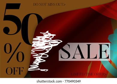 Sale advertisement banner on hand drawn background with curled peel out corner. Sale trendy poster with gold splashes and black frame. Rough colorful doodle fun special offer banner template.
