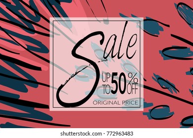 Sale advertisement banner on hand drawn background with rough sale lettering. Sale trendy poster with gold splashes and black frame. Rough colorful doodle fun special offer banner template.
