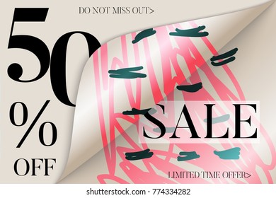 Sale advertisement banner on hand drawn background with curled peel out corner. Sale trendy poster with gold splashes and black frame. Rough colorful doodle fun special offer banner template.