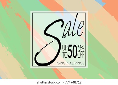 Sale advertisement banner on hand drawn background with rough sale lettering. Sale trendy poster with gold splashes and black frame. Rough colorful doodle fun special offer banner template.