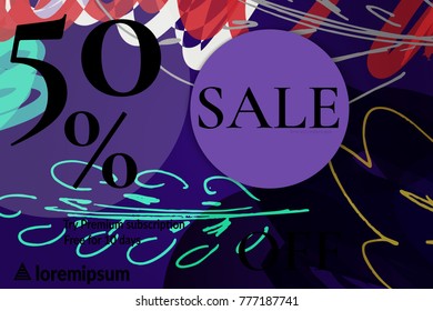 Sale advertisement banner on hand drawn background . Sale trendy poster. Rough colorful doodle fun special offer banner template.
