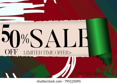 Sale advertisement banner on hand drawn background with torn paper and shiny curl. Sale trendy poster with gold splashes and black frame. Rough colorful doodle fun special offer banner template.
