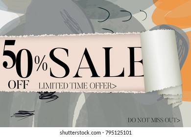 Sale advertisement banner on hand drawn background with torn paper and shiny curl. Sale trendy poster with gold splashes and black frame. Rough colorful doodle fun special offer banner template.