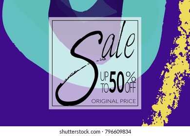 Sale advertisement banner on hand drawn background with rough sale lettering. Sale trendy poster with gold splashes and black frame. Rough colorful doodle fun special offer banner template.