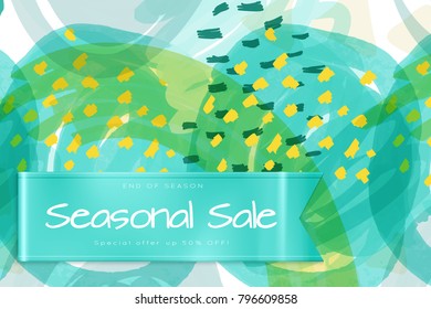 Sale advertisement banner on hand drawn background with shiny silk ribbon. Sale trendy poster with gold splashes and black frame. Rough colorful doodle fun special offer banner template.