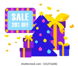 Sale advertisement with decorated Christmas tree and gift boxes. Xmas or New Year illustration for discount card, website landing page or mobile app. Colorful vector in flat style