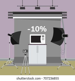 Sale advertisement. Microwave oven in photo studio, vector stock illustration. Flat design