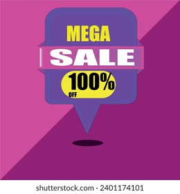 Sale advertisement with a purple and pink balloon with 100% off, pink and purple background