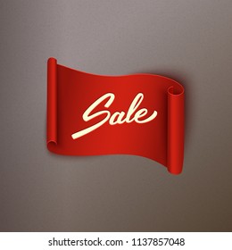 Sale advertisement, text on realistic red ribbon, banner, vector illustration