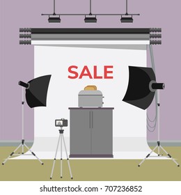 Sale advertisement. Toasts flying out of toaster. Making photo in studio. Flat vector illustration