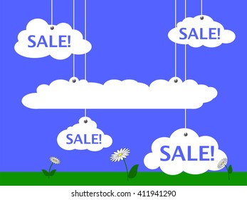 Sale advertisement vector illustration with blue sky, white clouds and summer meadow, summer sale banner, discount flyer, funny cartoon sale, optimistic landscape picture, illustration with text place