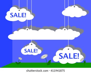 Sale advertisement vector illustration with summer sky and meadow, summer sale banner, clouds design for discount flyer, funny cartoon sale, optimistic sale picture, illustration sale with text place