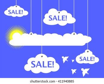 Sale advertisement vector illustration, white clouds and summer sun, white clouds and white dove bird, summer sale banner, discount flyer, optimistic heaven advertisement, illustration with text place