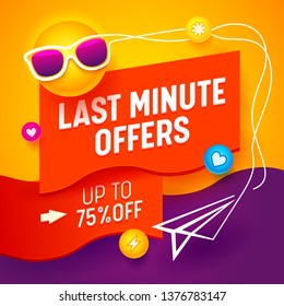 Sale Advertising Banner with Cartoon Sun Wearing Sunglasses on Abstract Background with Social Media Icons and Paper Airplane, Summer Shopping Store Discount Last Minute Offers Ad. Vector Illustration